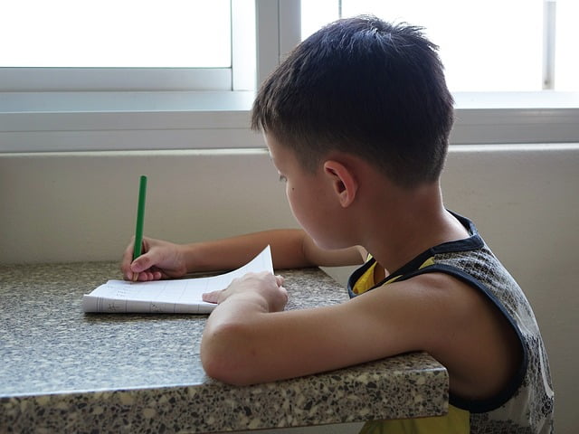 A young boy sits at a table by a window, writing in a notebook with a green pencil.